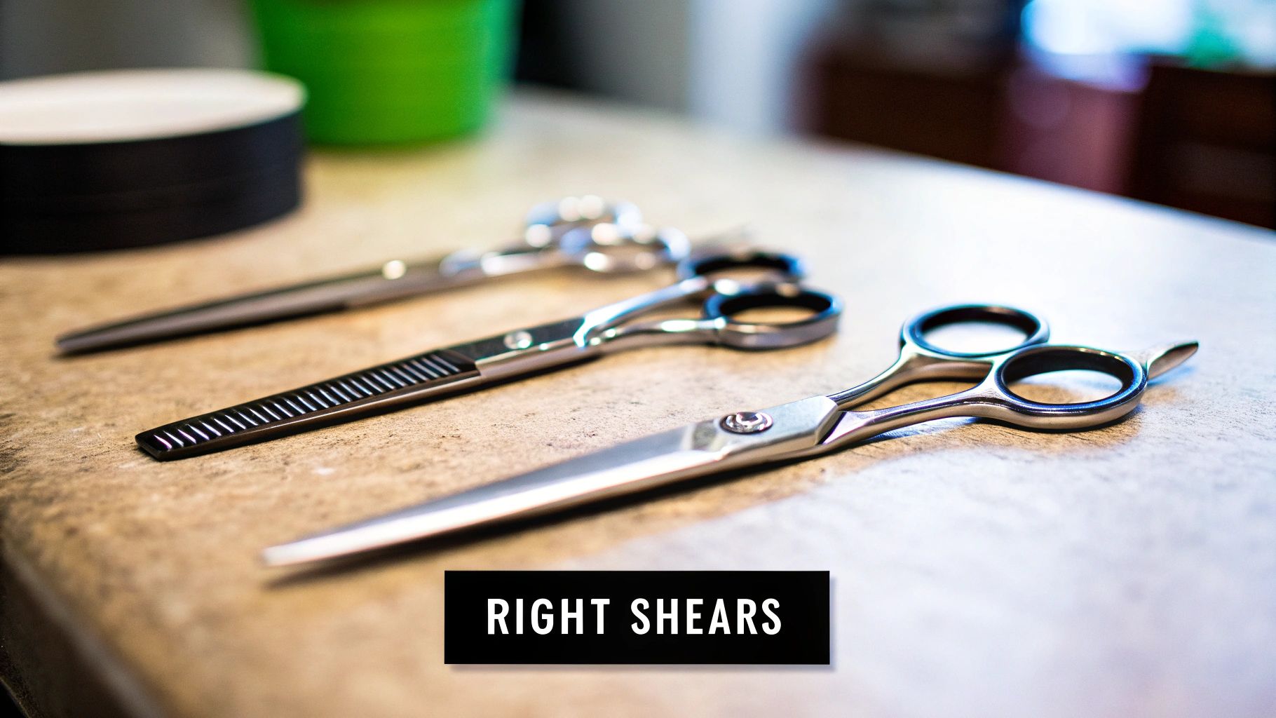 Three professional hair cutting and thinning shears laying on a light textured surface.