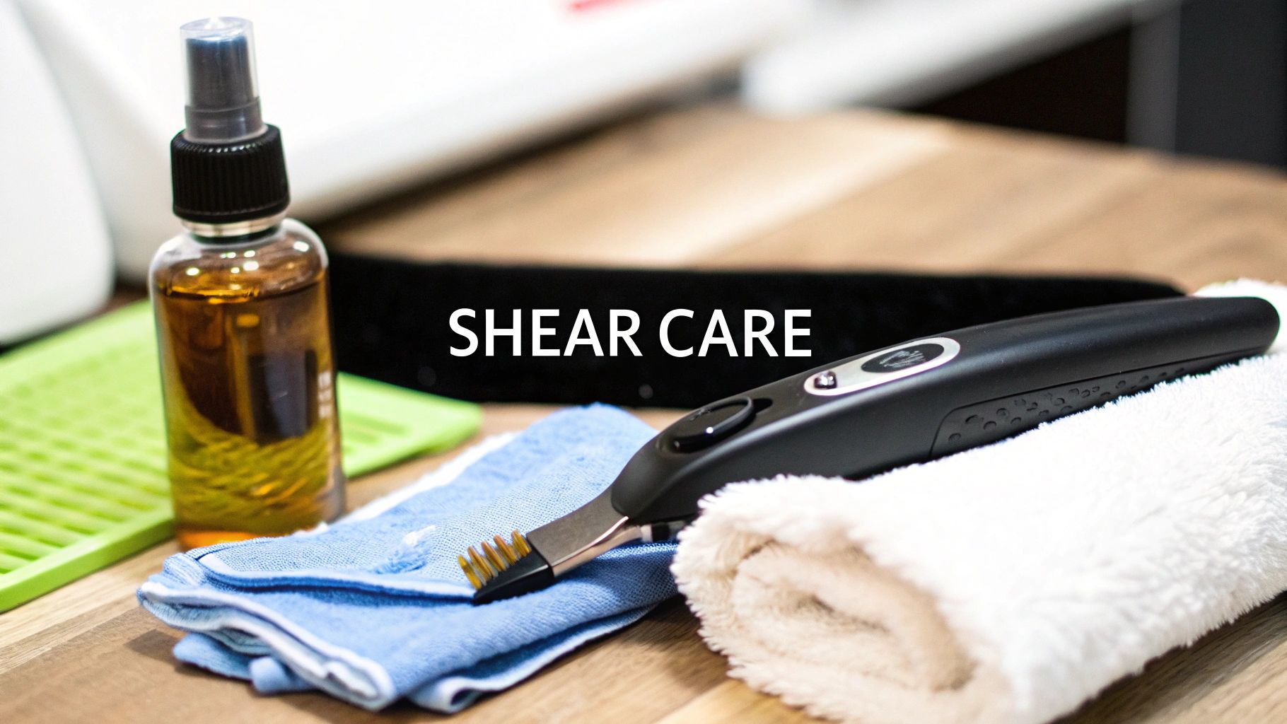 A close-up of a hand carefully oiling professional dog grooming shears