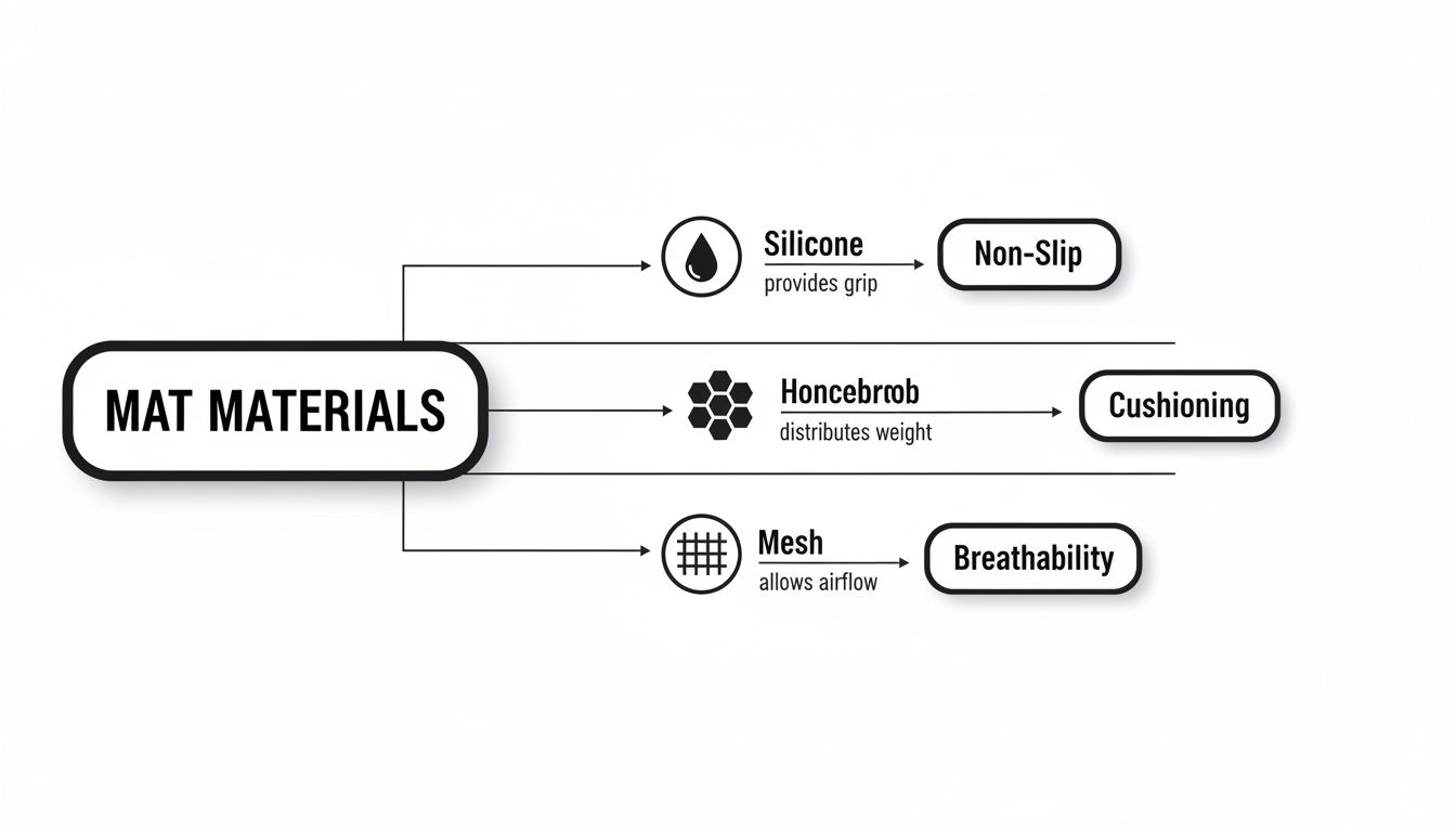 A diagram illustrating mat materials: Silicone for non-slip, Honcebrøb for cushioning, and Mesh for breathability.