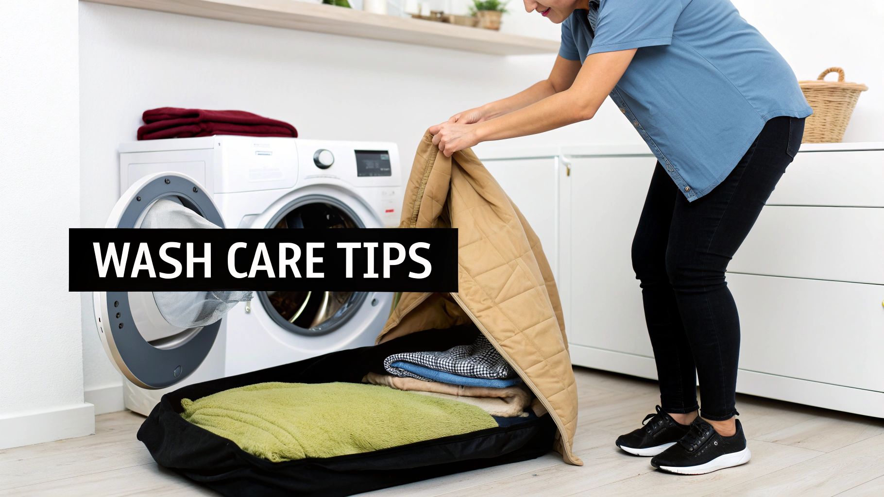 Person putting a large quilted dog bed cover into a laundry bag next to washing machines.