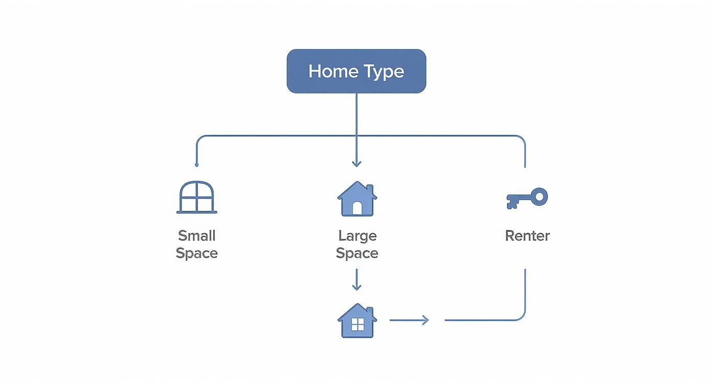 Flowchart diagram showing home type categories: small space, large space, and renter options