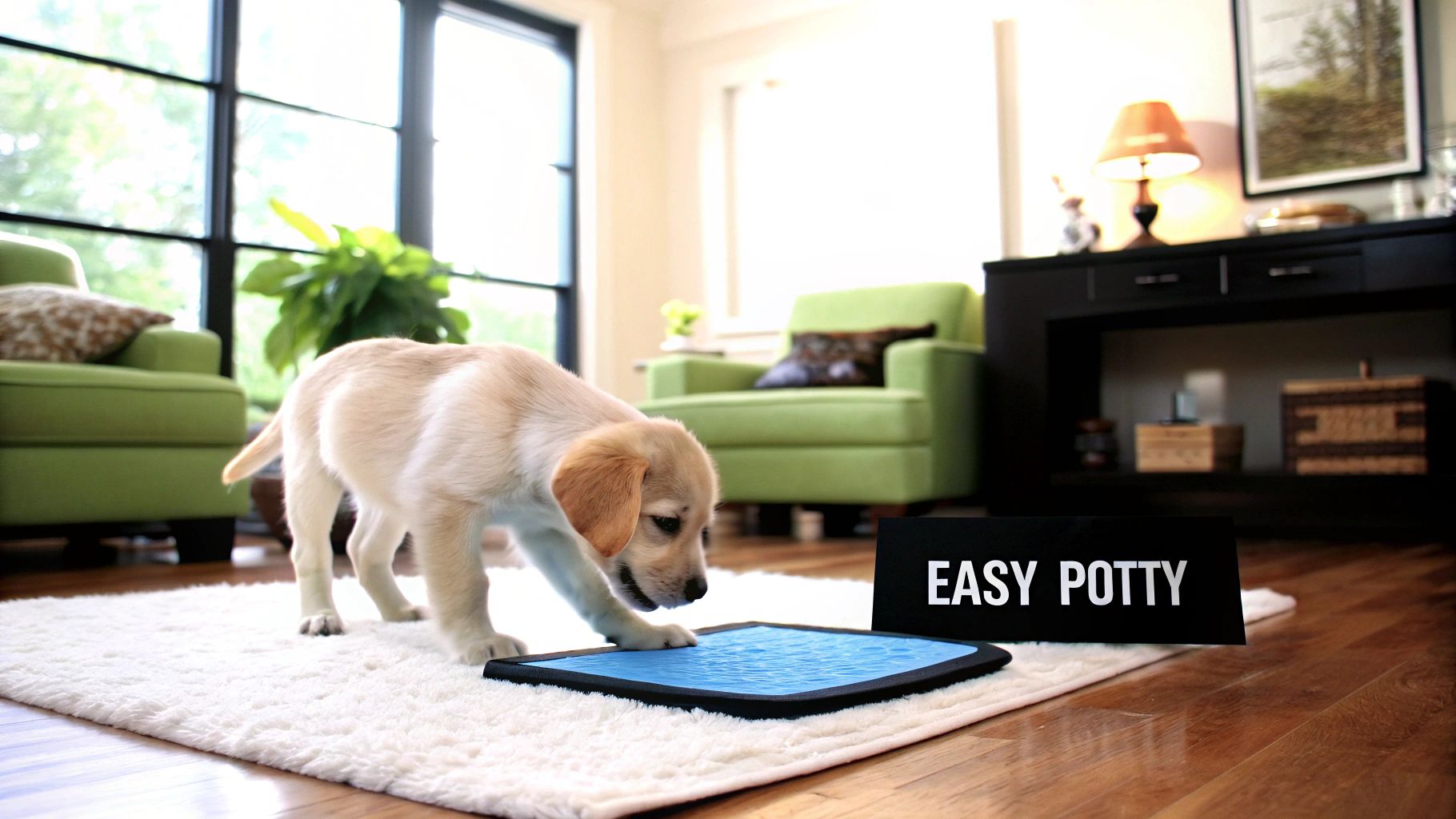 A small dog standing proudly on a clean, white pee pad indoors.