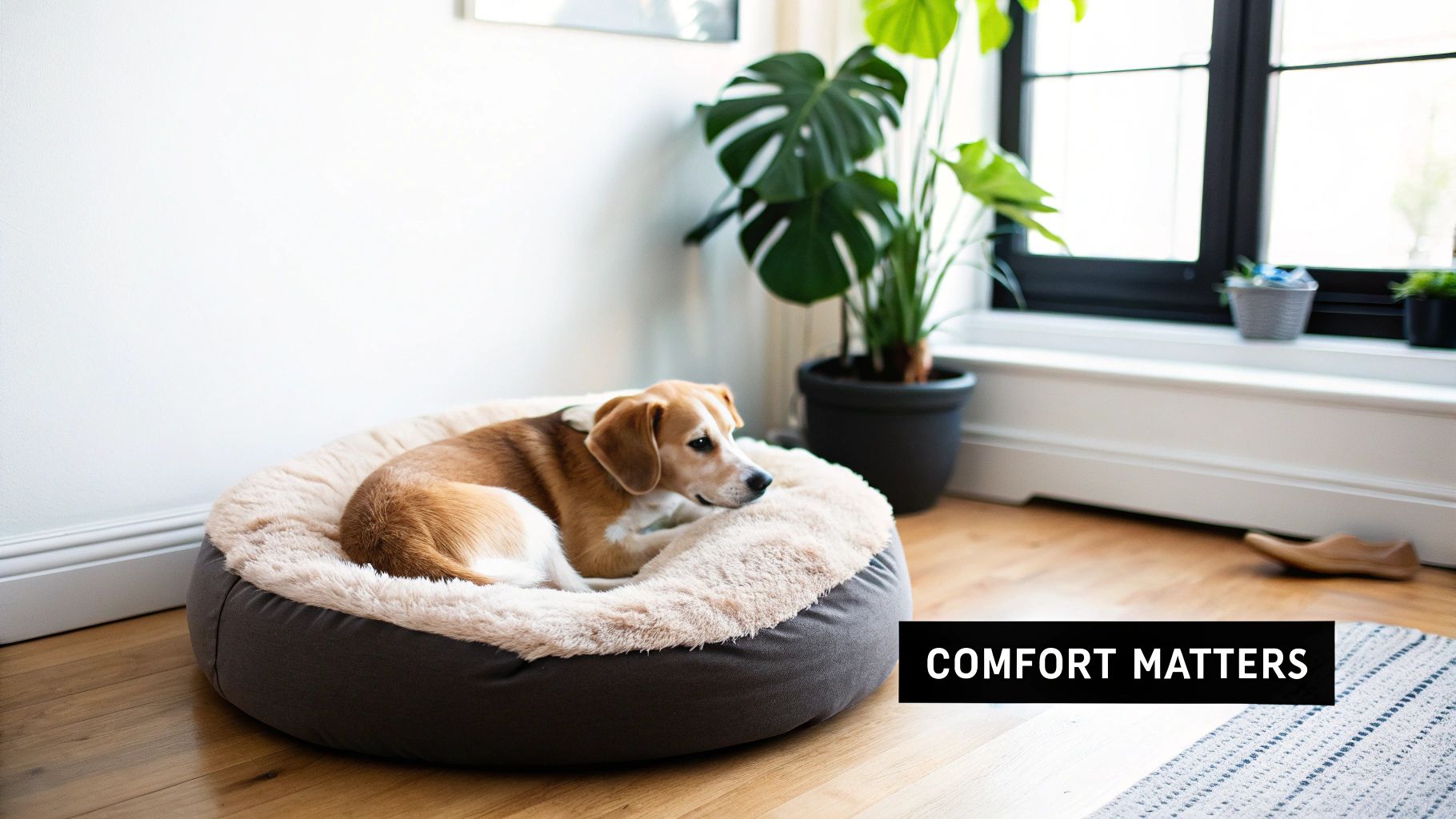 Beagle dog relaxing on plush gray pet calming bed near window with houseplants