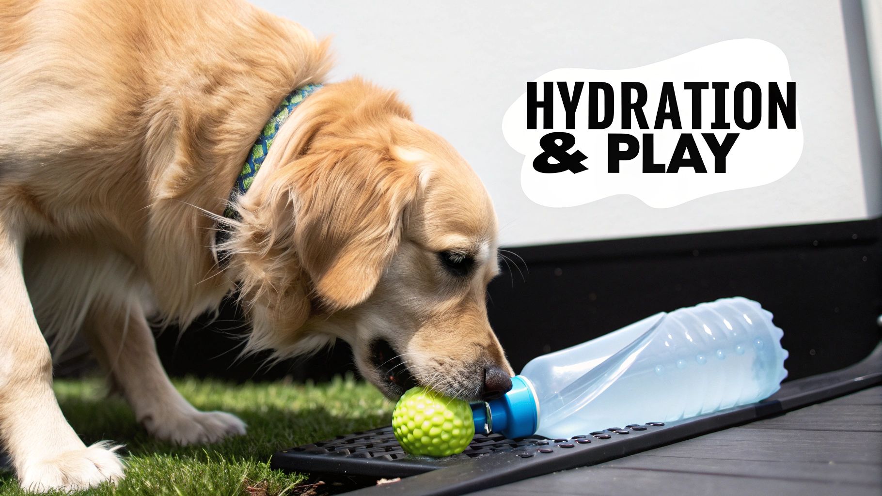 A dog happily playing with and drinking from a multi-functional dog water bottle toy.
