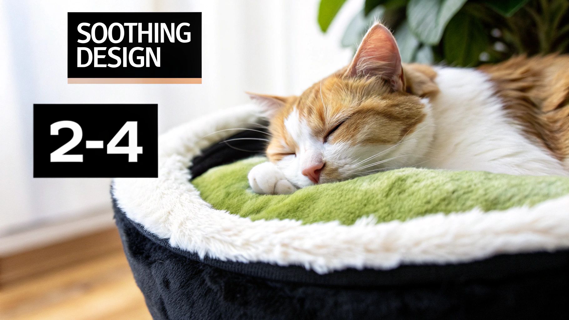 Orange and white cat sleeping peacefully on soft green pet calming bed with plush borders