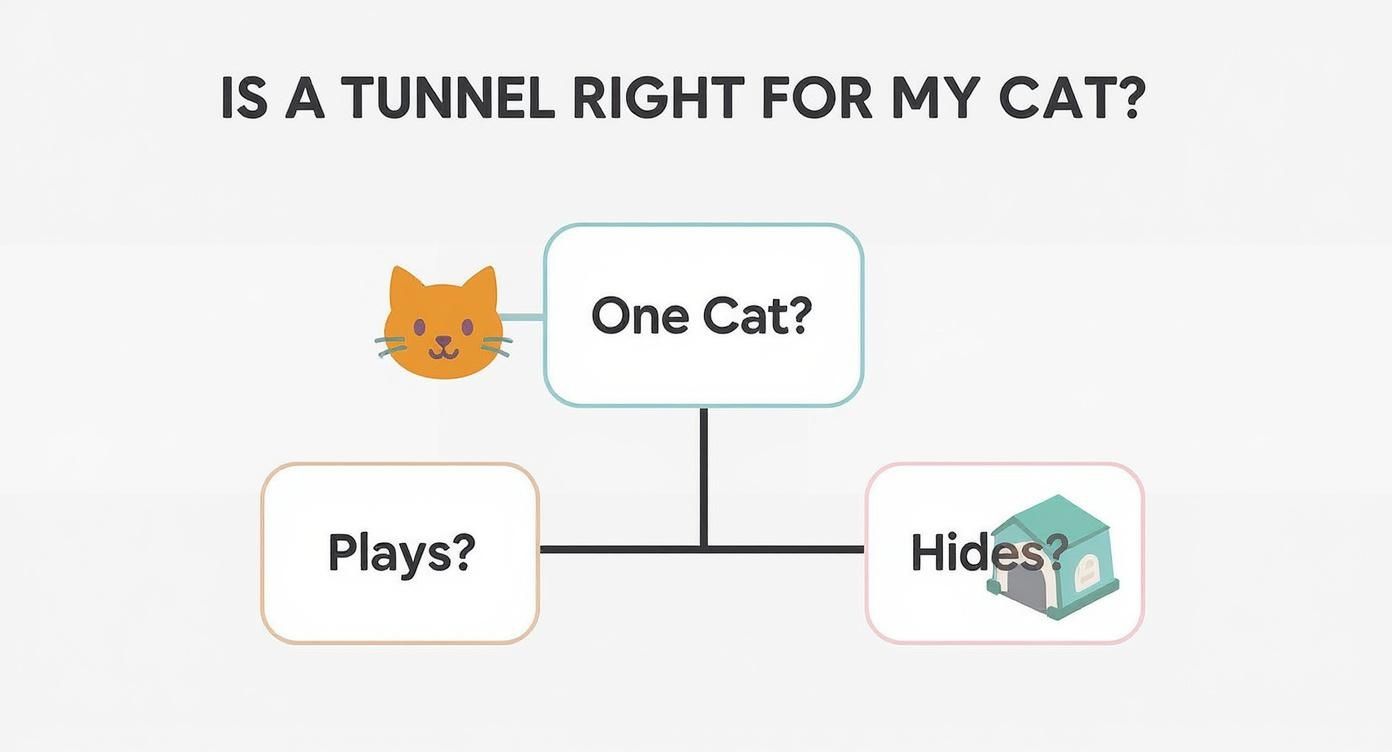 Infographic decision tree to help users decide if a donut cat tunnel is right for their cat.