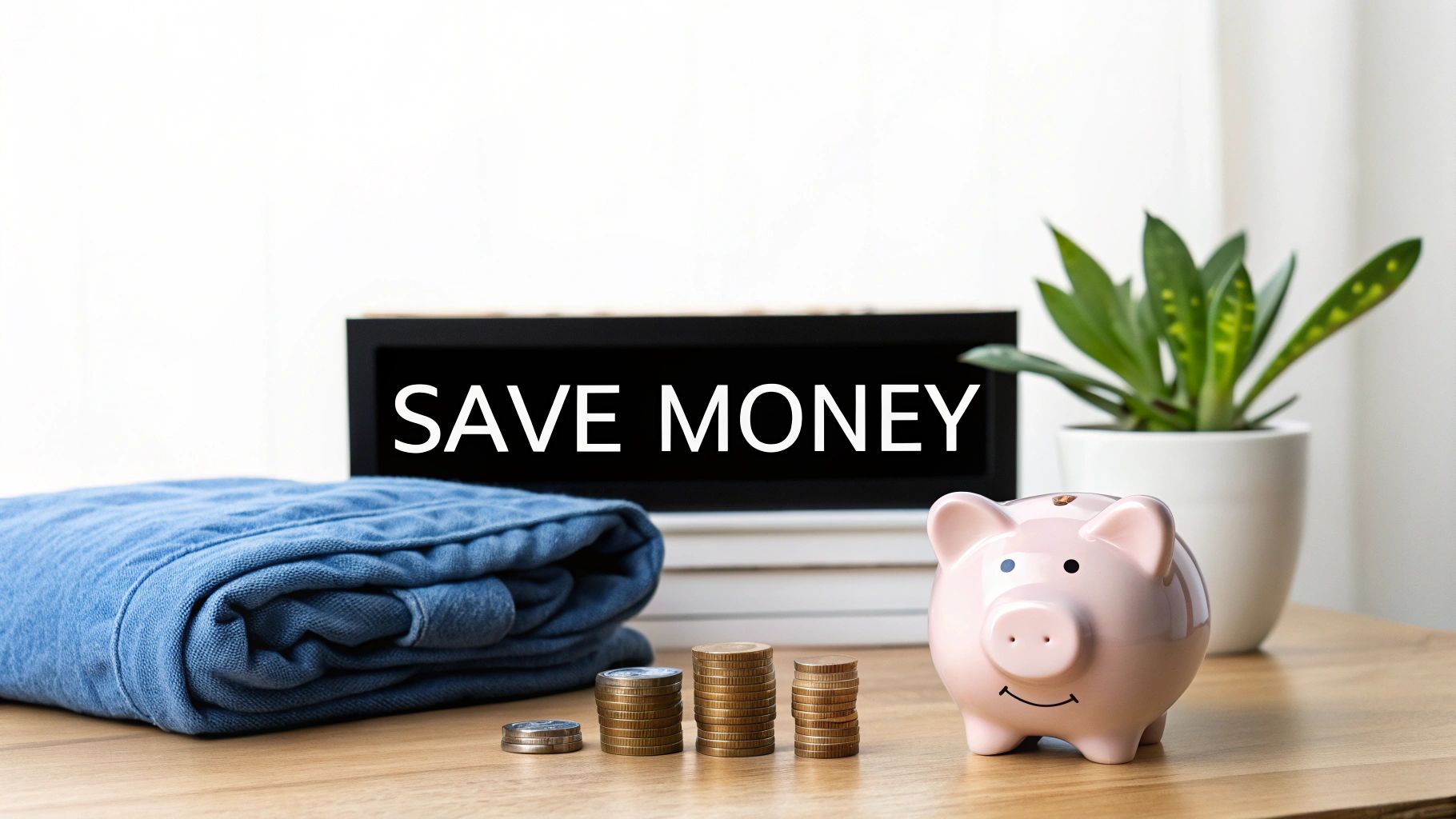 A pink piggy bank, stacked coins, and folded blue fabric with a 'SAVE MONEY' sign.