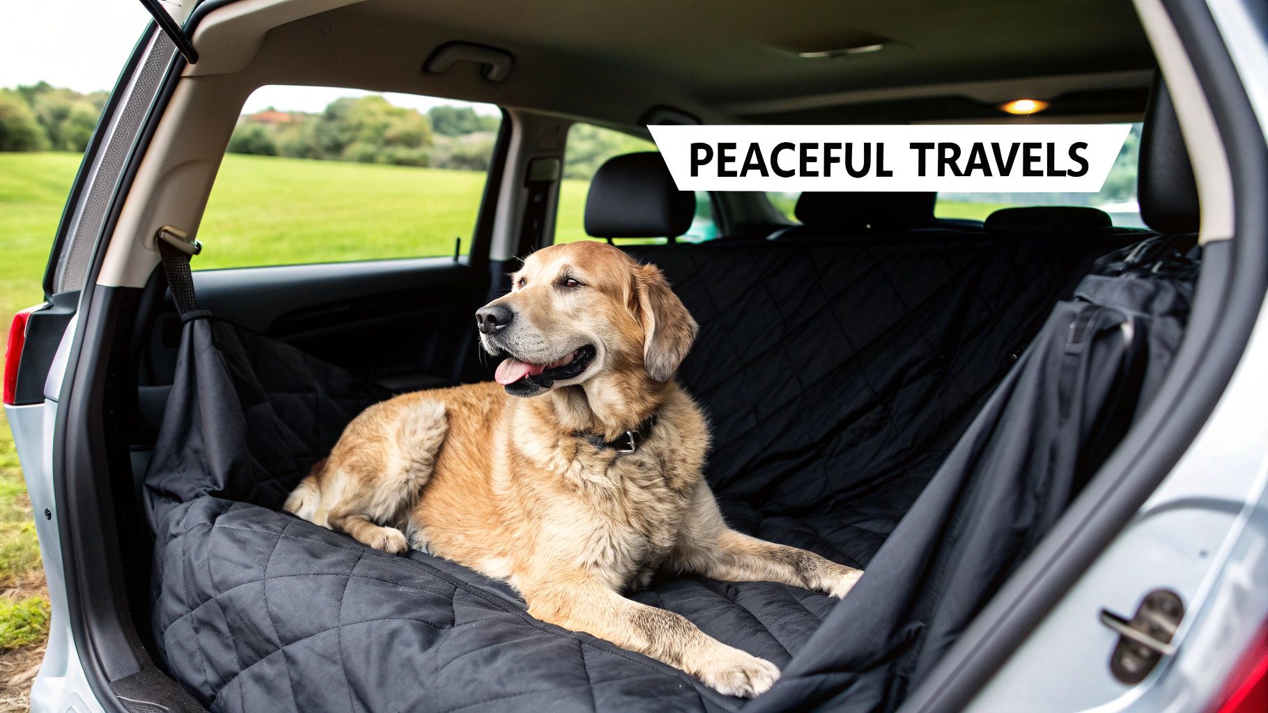 A happy dog sitting comfortably in a beige pet car hammock inside a car.