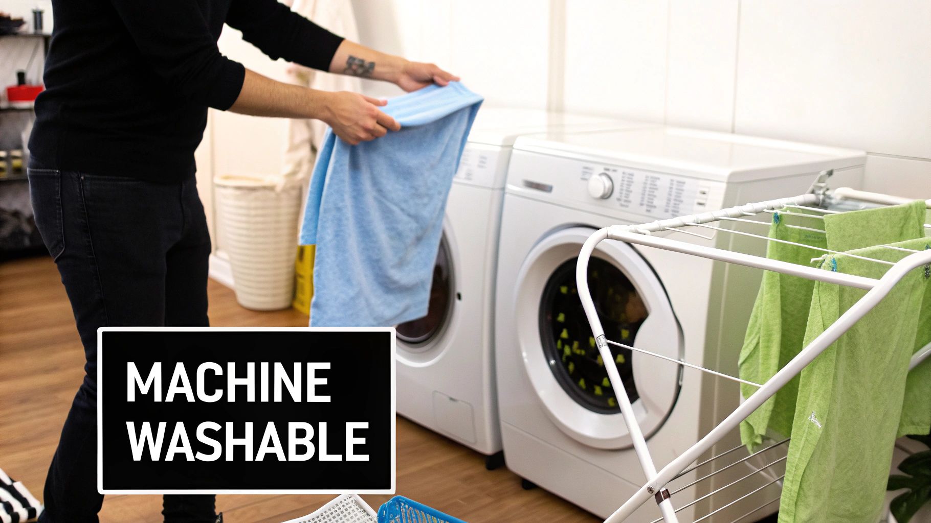 A person puts a blue towel into a washing machine, emphasizing machine washable products for easy cleaning.