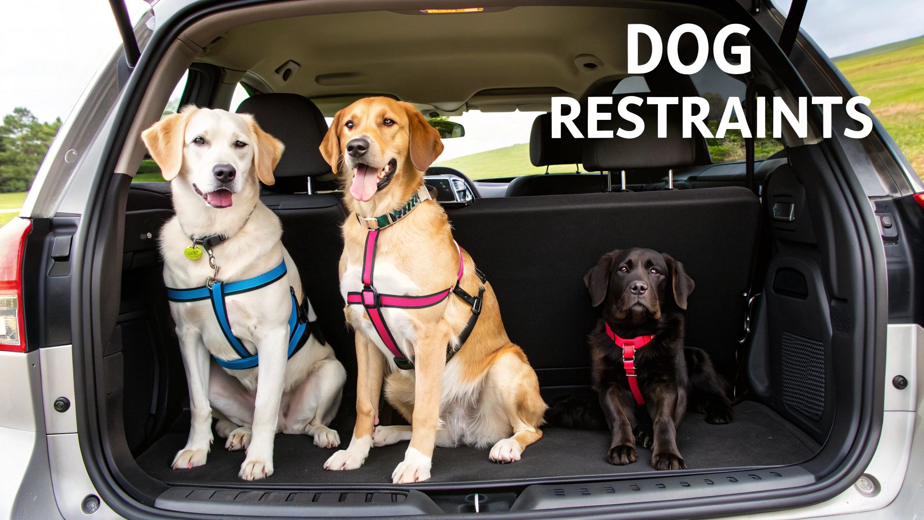A dog safely secured in a car with a seat belt for dogs
