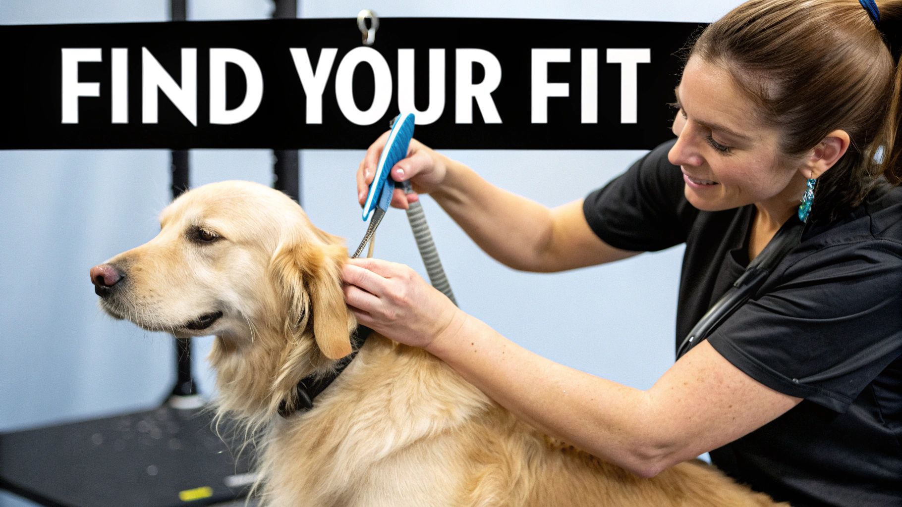 A golden retriever being gently groomed with a brush
