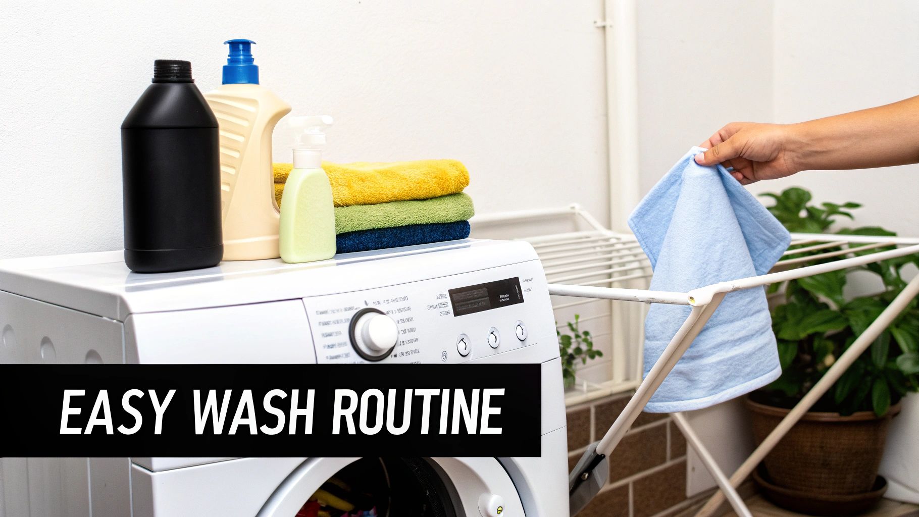 A hand hangs a blue towel on a drying rack next to a washing machine with detergents and towels.