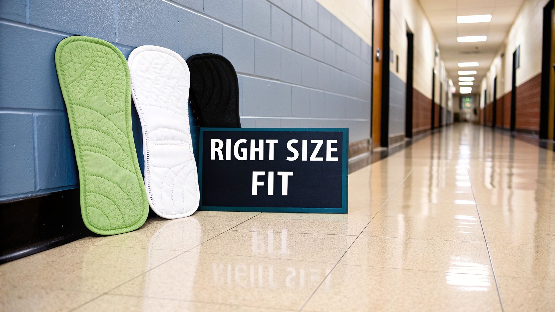 A small dog standing near a appropriately sized reusable pee pad on a hardwood floor.
