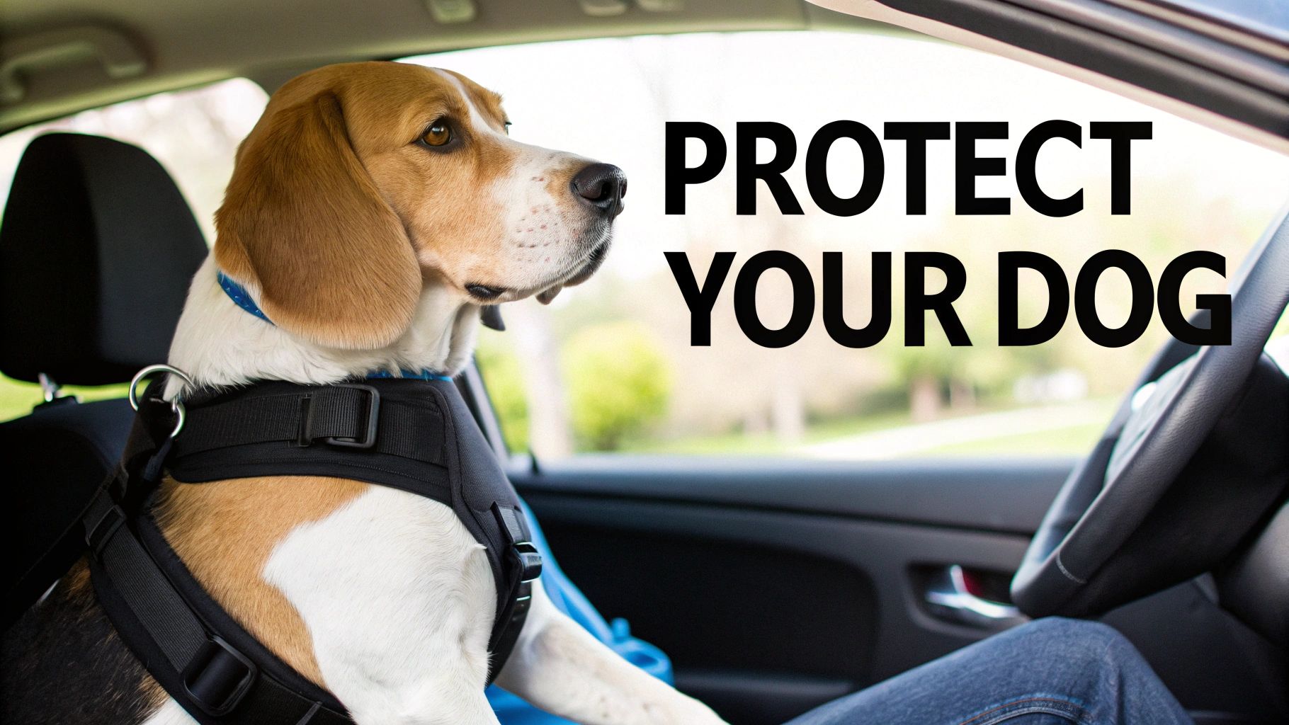 A happy dog safely secured in the back seat of a car with a dog seat belt