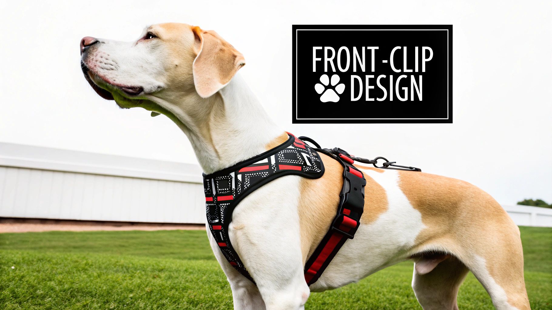 A golden retriever wearing a front-clip dog harness for no pulling looks attentively at its owner during a walk.