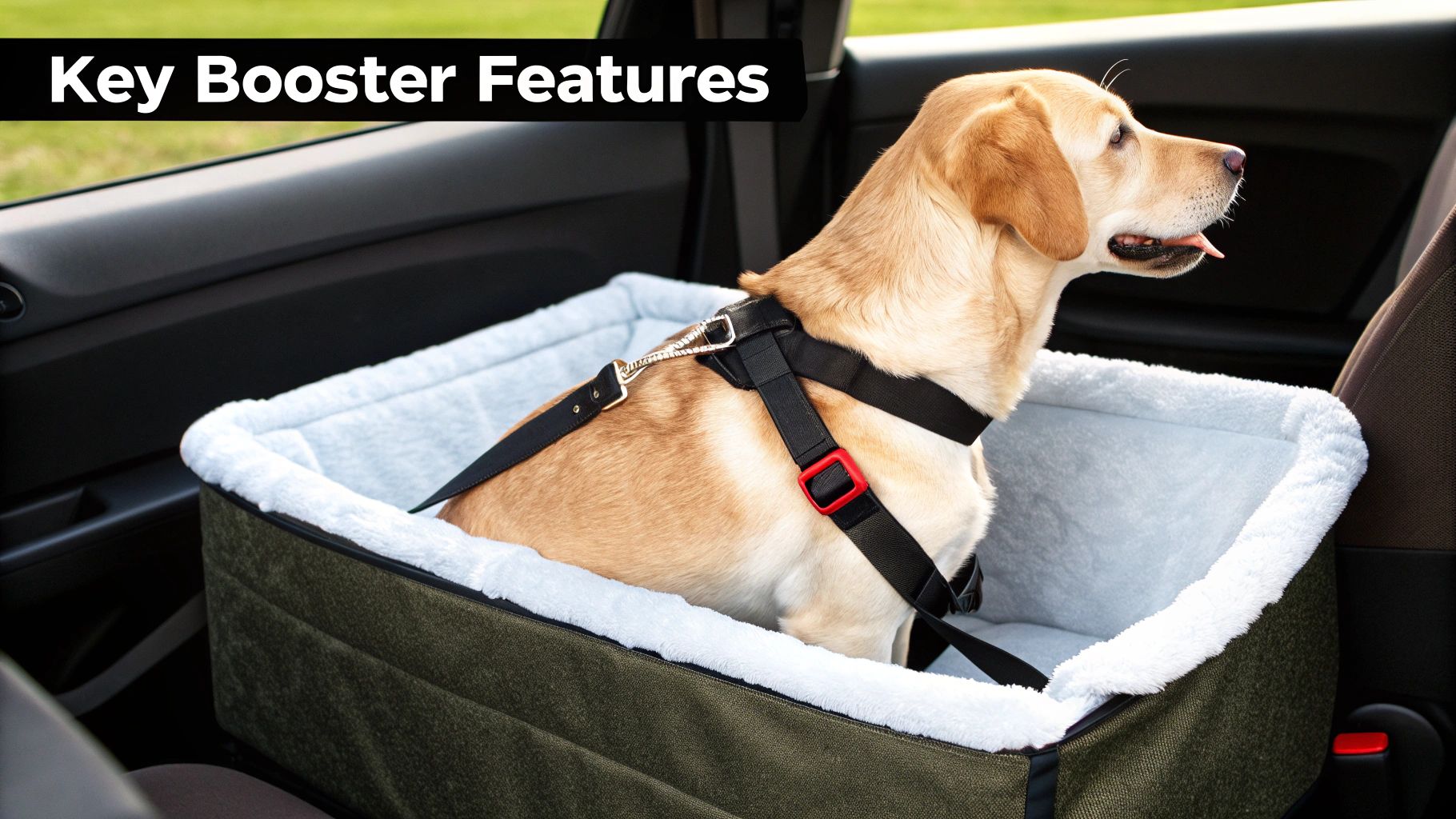 A happy golden labrador dog securely sitting in a green and white booster car seat.