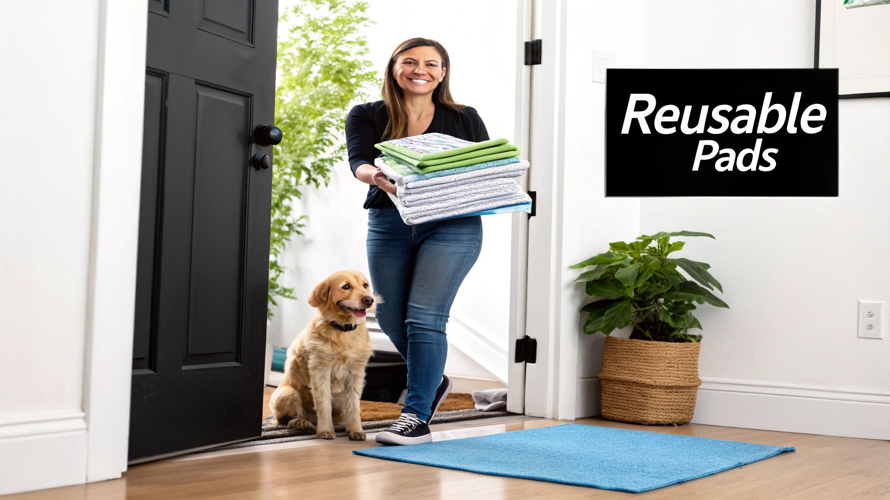 A dog sitting on a large gray washable pee pad in a living room.