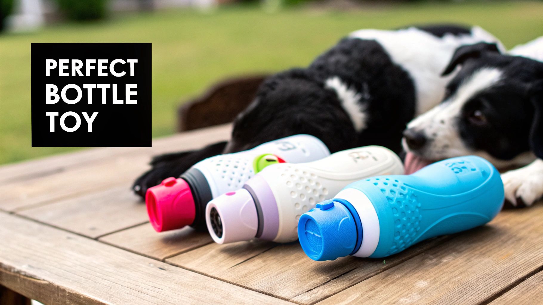 A person holding a dog water bottle toy while their dog drinks from it.