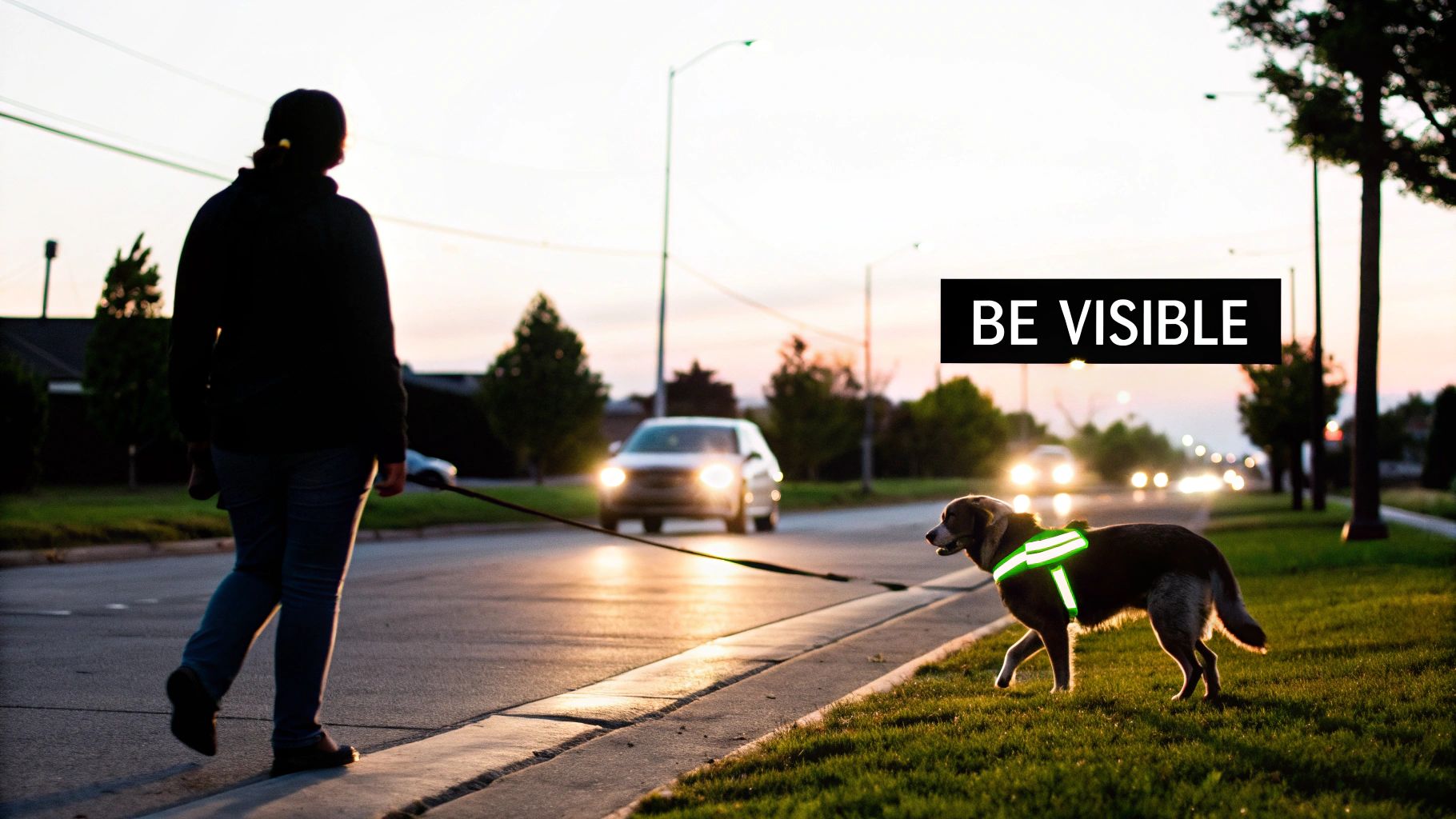 Person walking a dog in a neon green reflective harness at dusk, promoting pet safety and visibility.