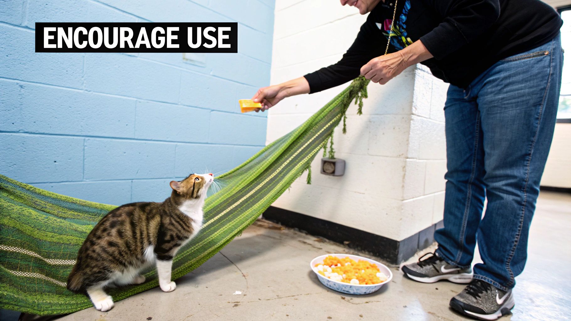 A person encourages a tabby cat to use a green hammock by offering a treat.