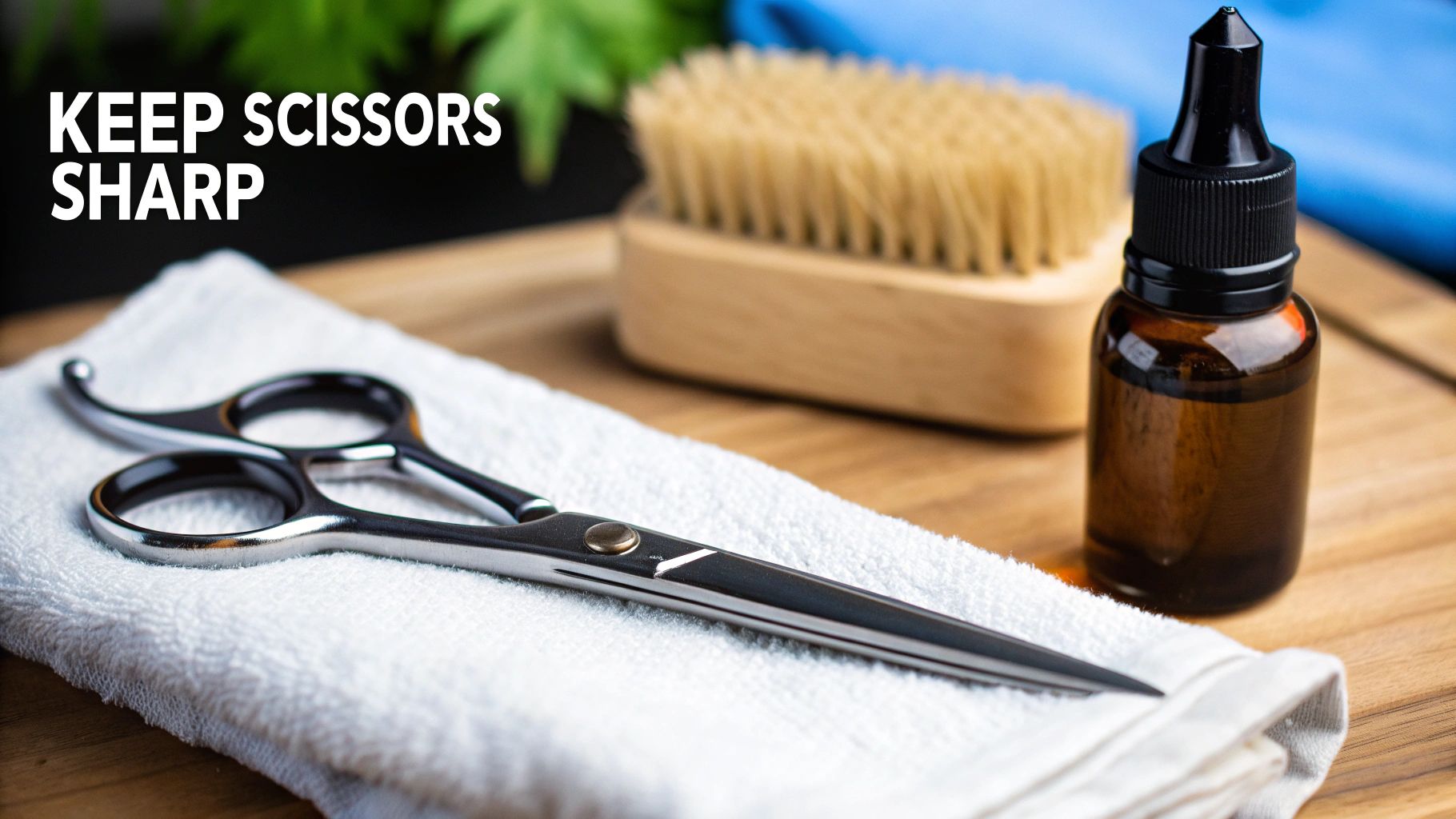 Black grooming scissors on white towel with brush and oil bottle on wooden surface
