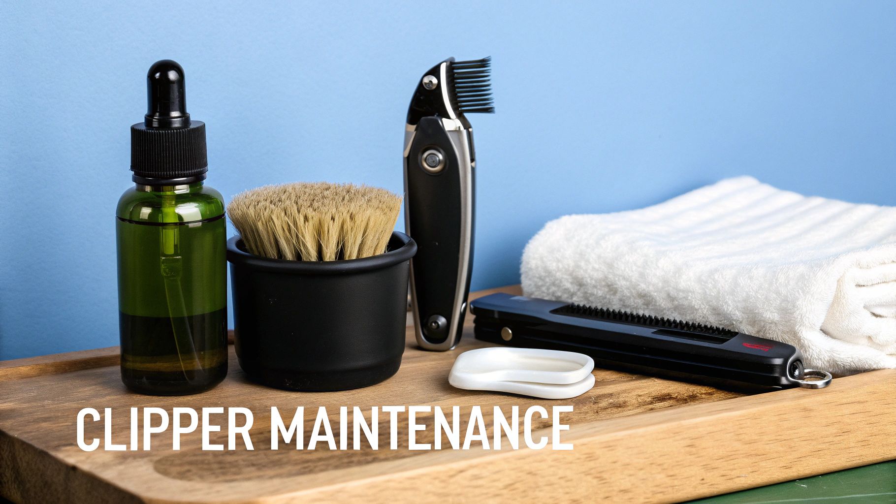 A collection of barber tools for clipper maintenance, including oil, a brush, and a clipper, on a wooden tray.
