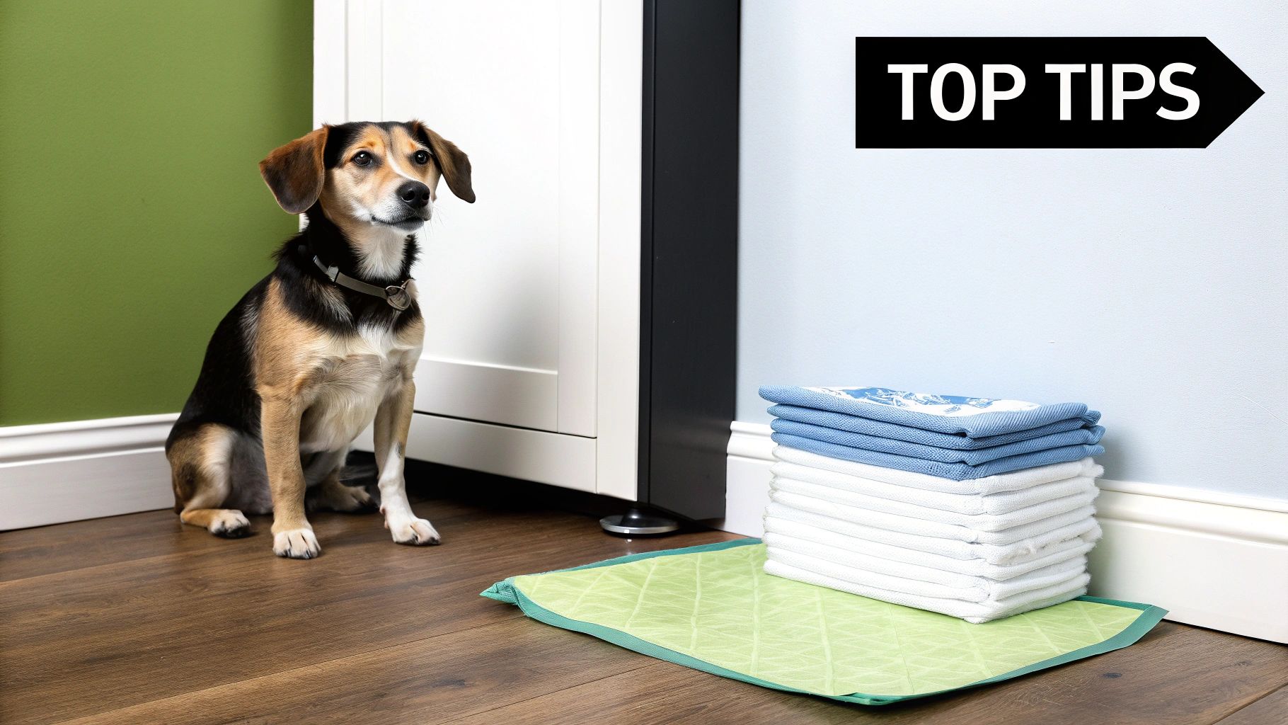 A person mopping a clean floor with a bottle of pet-safe cleaner and a roll of paper towels nearby.