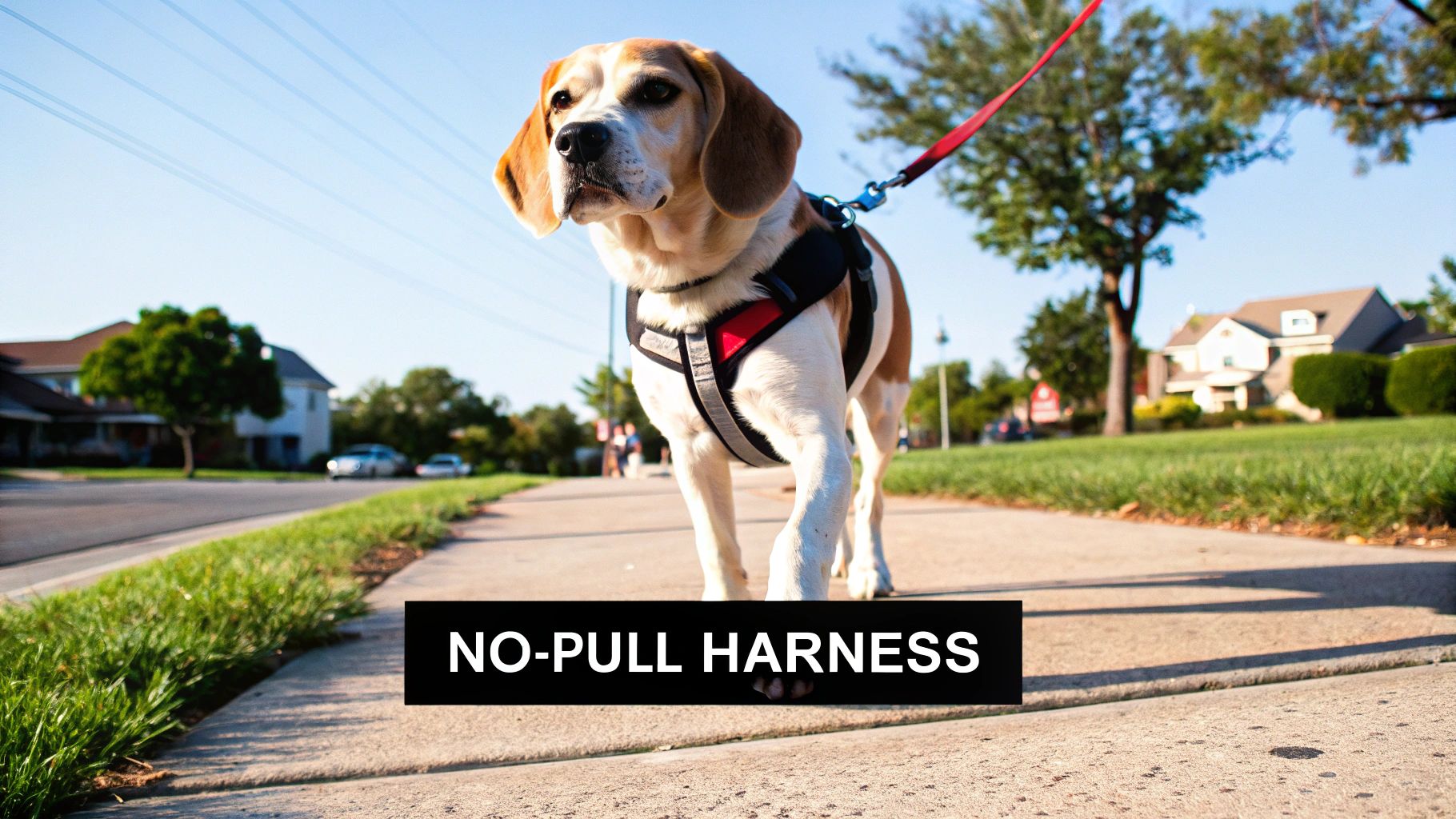A person fitting a no-pull harness on a happy dog sitting on the grass.