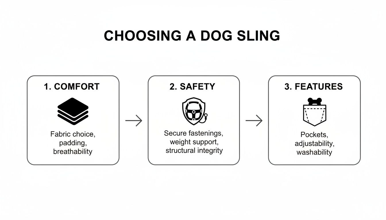 Flowchart outlining key considerations for choosing a dog sling based on comfort, safety, and features.