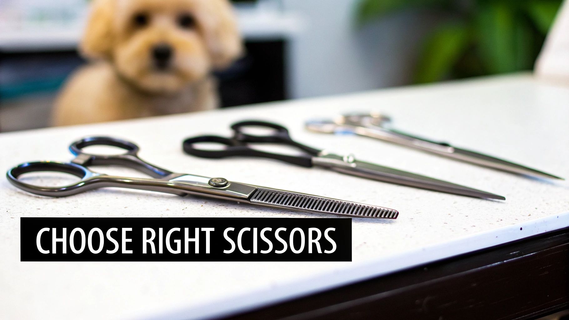 Three professional dog grooming scissors arranged on white table with stuffed dog in background