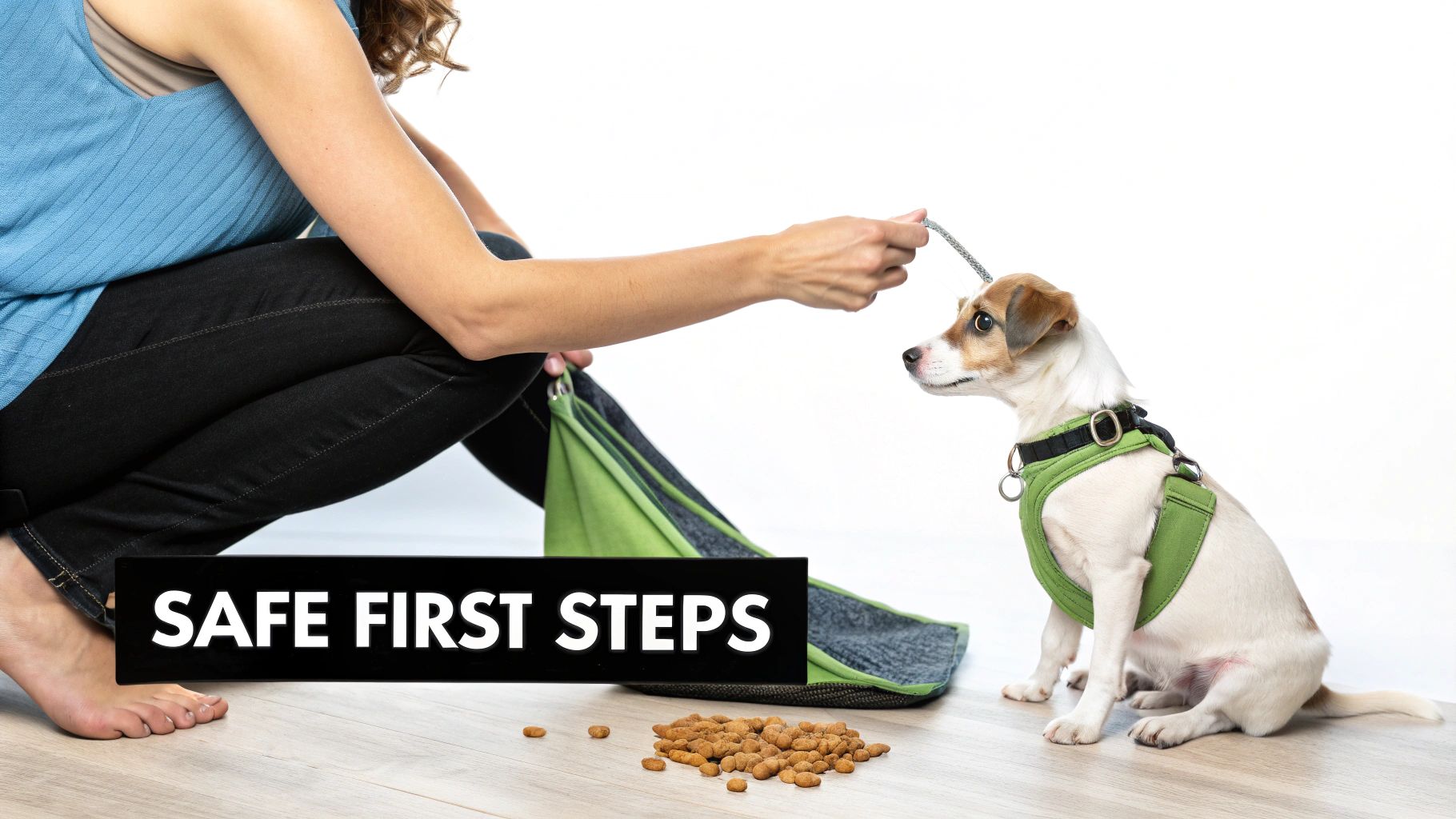 A person introduces a leash to a small dog wearing a green harness, with dog kibble on the floor.