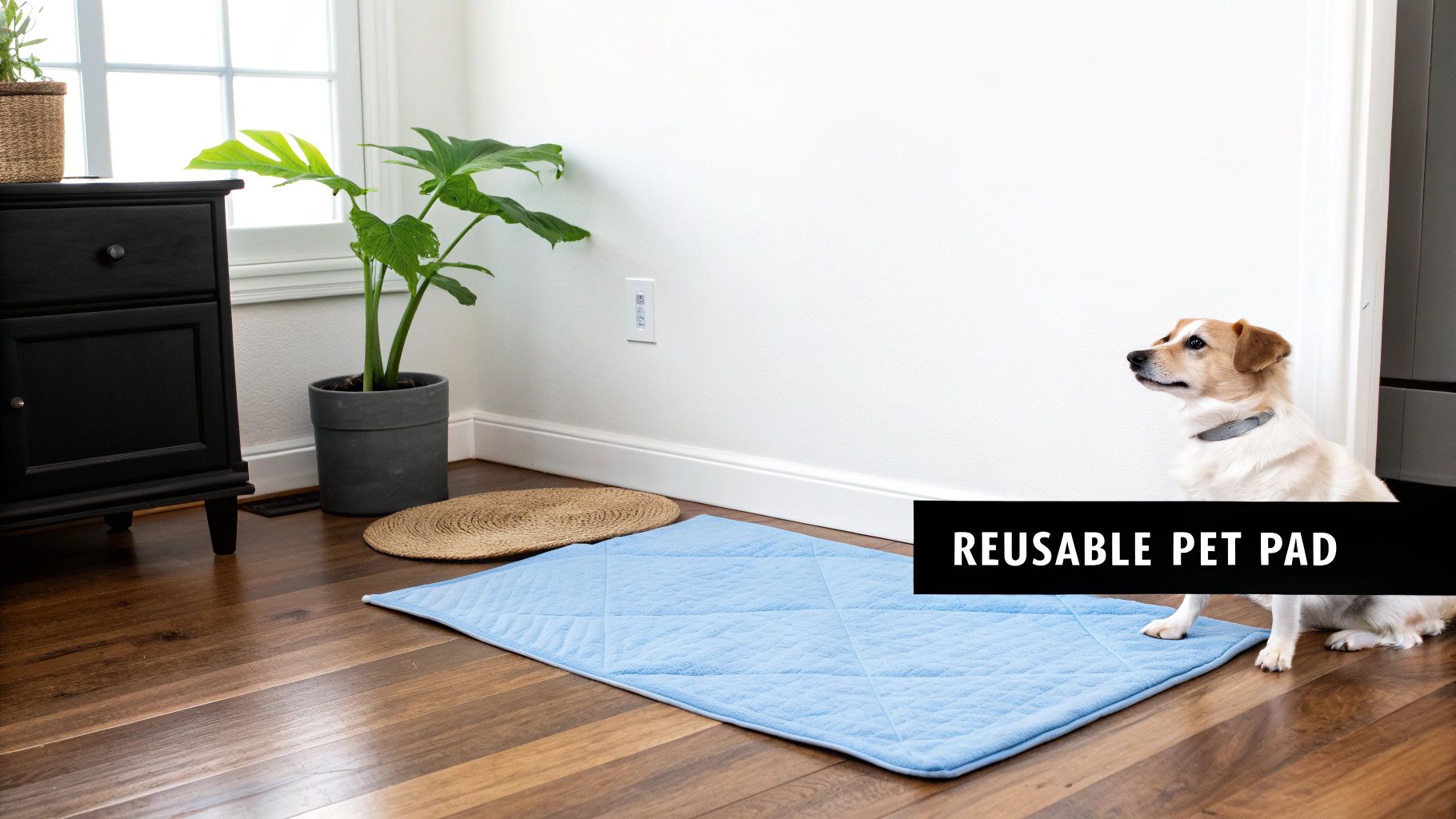 A small dog sits beside a light blue reusable pet pad on a wooden floor in a bright room.
