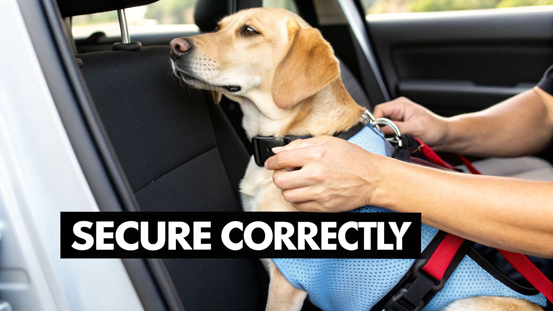 A person's hands secure a light brown dog wearing a blue mesh harness in a car's back seat.