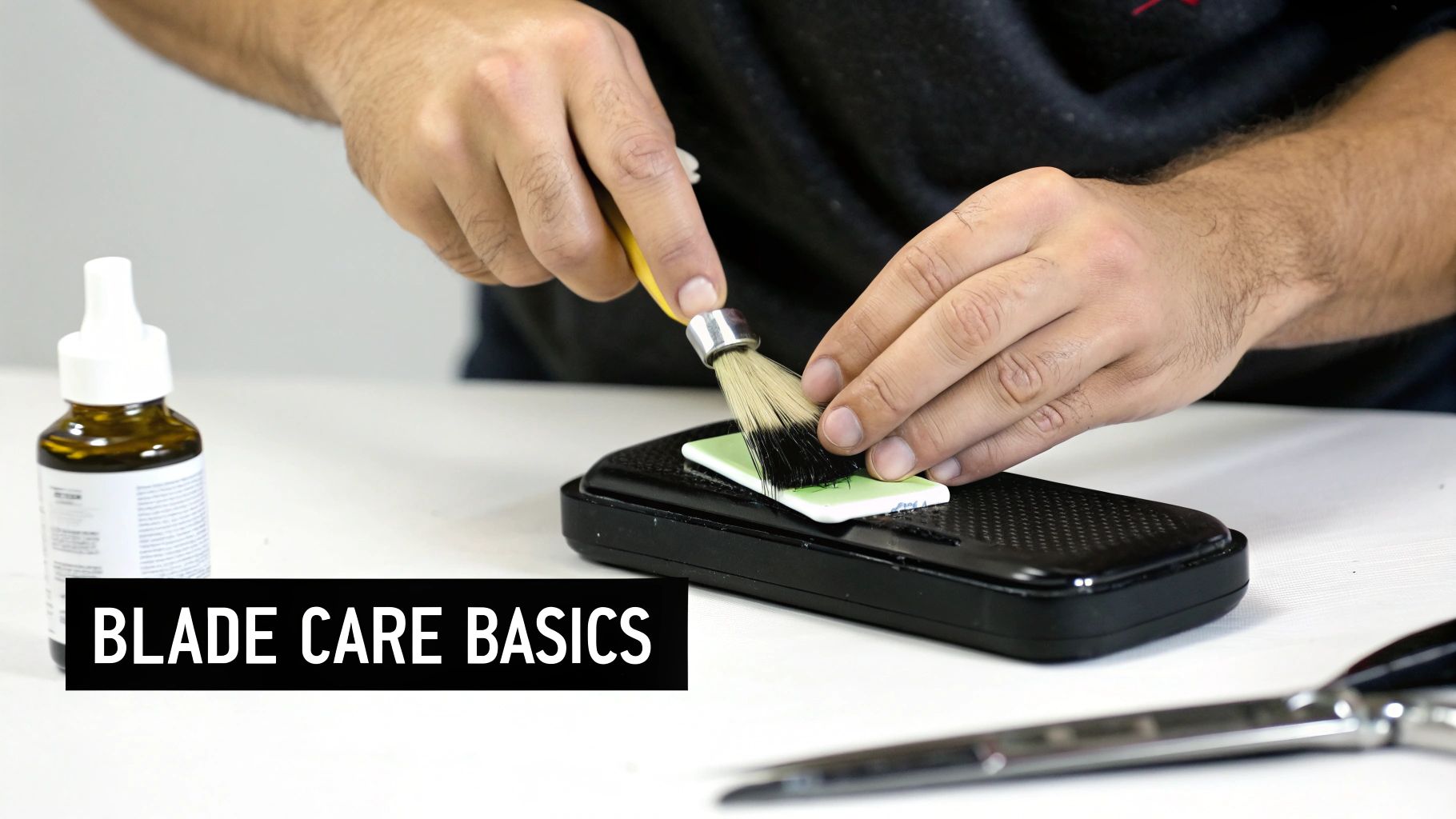 A person demonstrating blade care, applying sharpening compound to a honing stone with a small brush.
