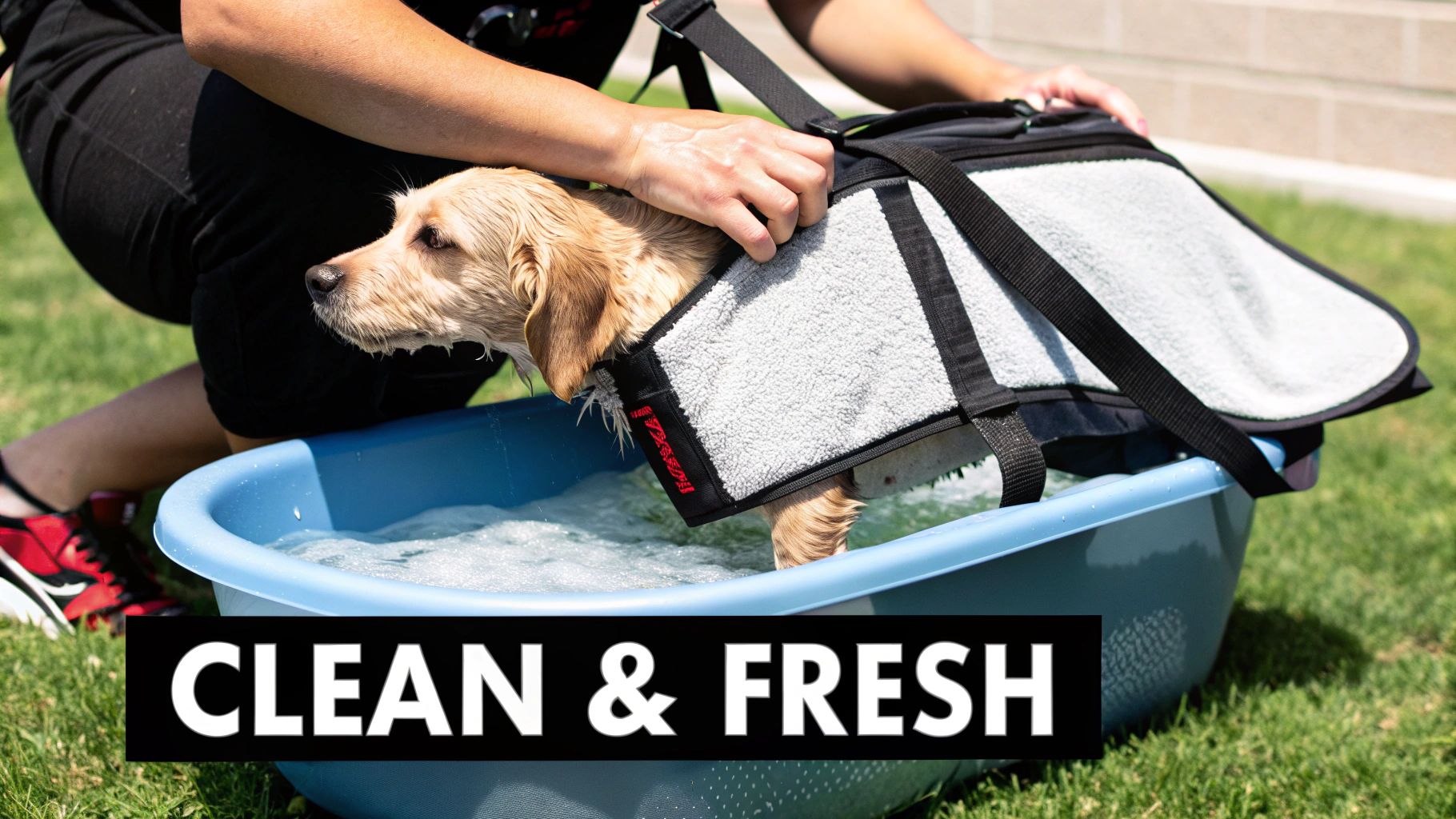 A person bathes a wet golden retriever puppy in a blue tub outdoors, using a drying dog sling.