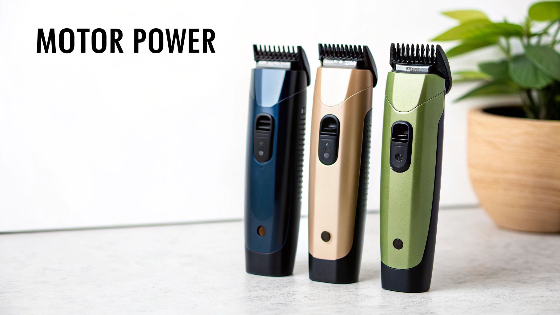 Three sleek electric hair trimmers in blue, gold, and green are displayed with 'MOTOR POWER' text.