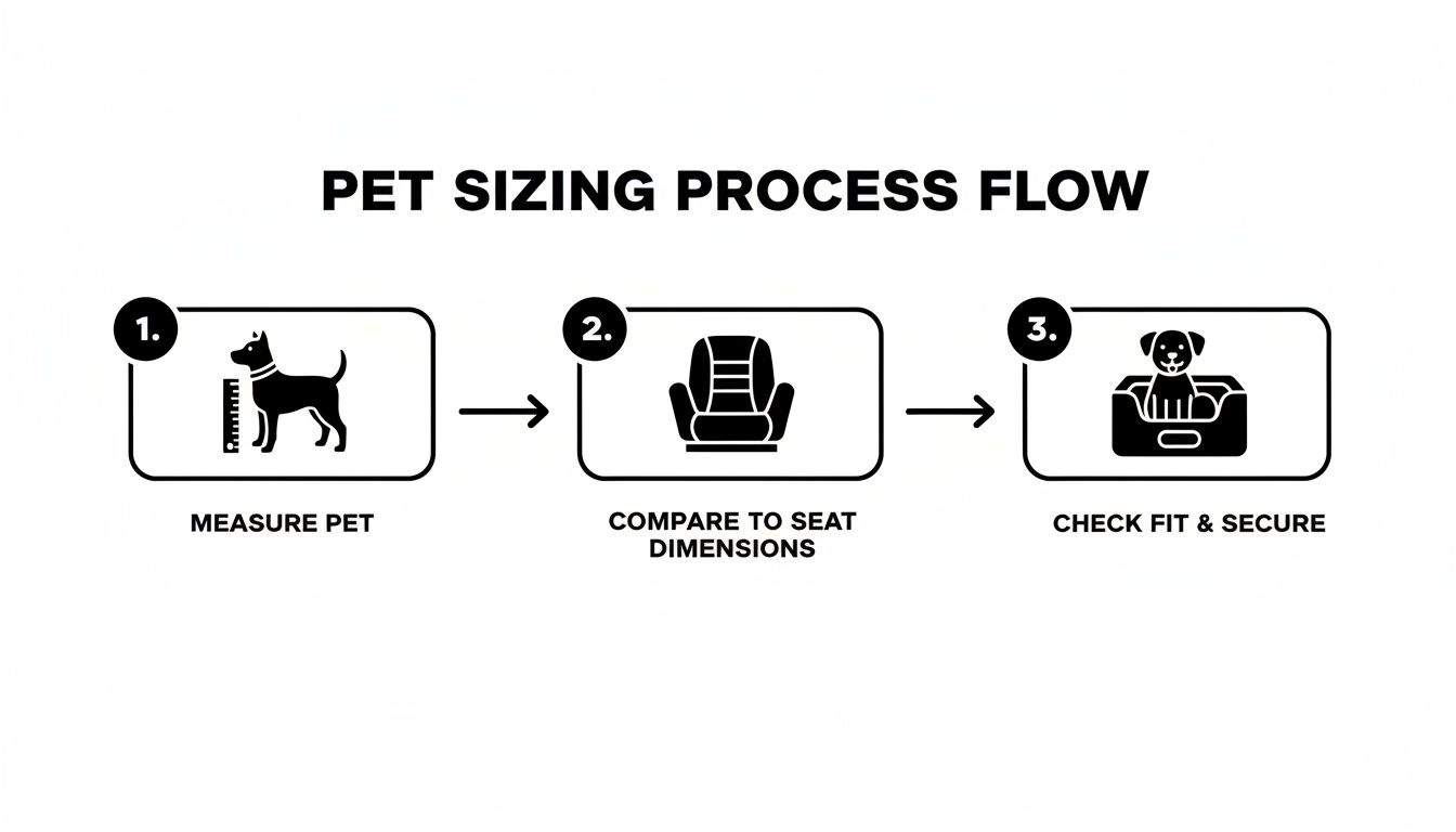 Flowchart showing three steps for pet car seat sizing: measure pet, compare dimensions, check fit.