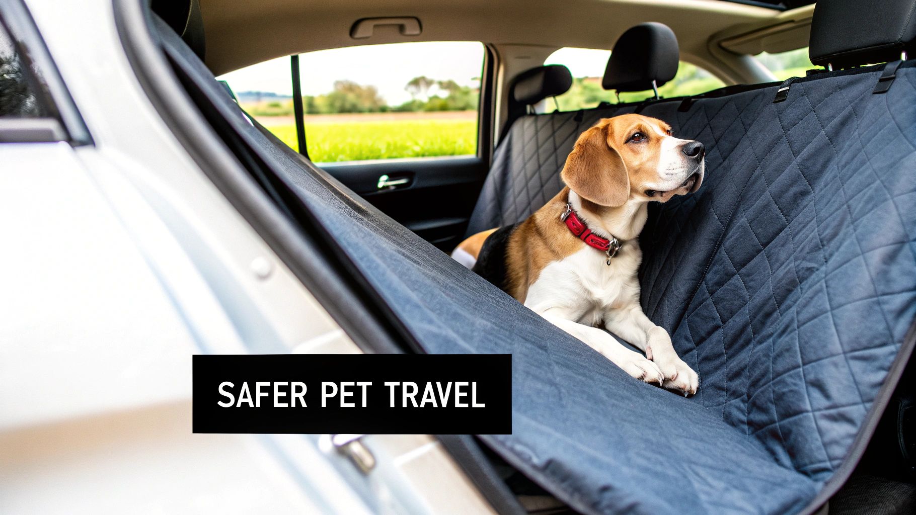A dog looks happily out the window from the safety of a pet car hammock seat cover.