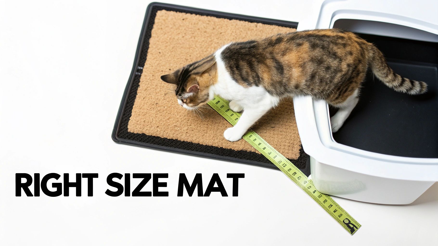 A fluffy cat stepping out of its litter box onto a grey litter mat.