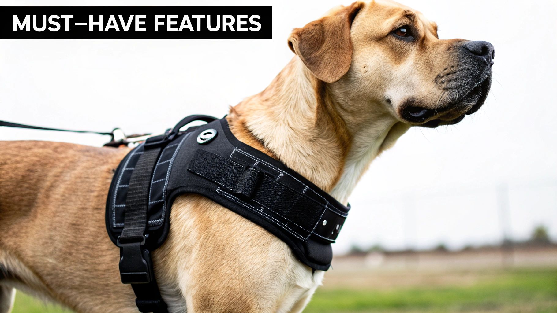 A close-up of a sturdy, well-padded no-pull harness on a large dog.