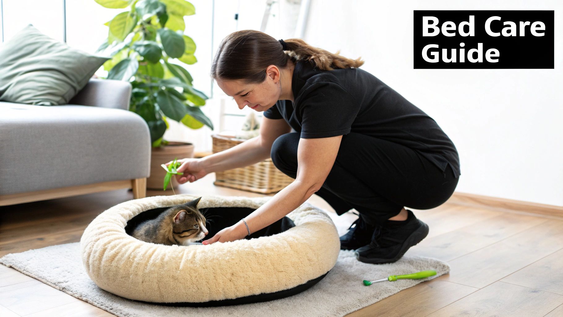 A person's hand reaching towards a cat inside a donut cat tunnel bed
