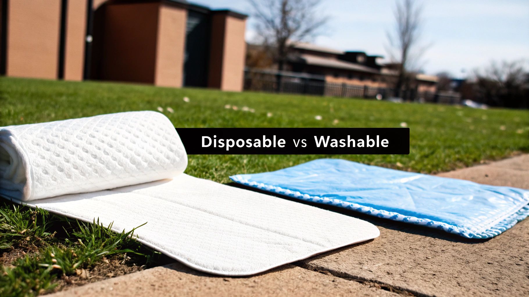 Two dog pee pads, one white washable and one blue disposable, displayed on grass outdoors.