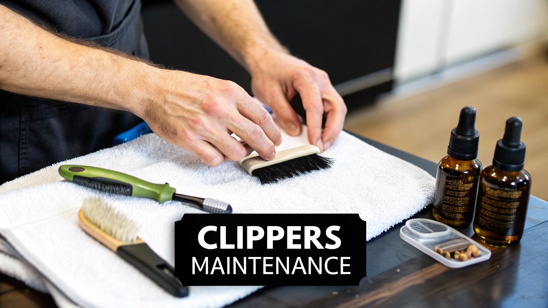 A person's hands clean a barber brush on a white towel, surrounded by clipper maintenance tools.