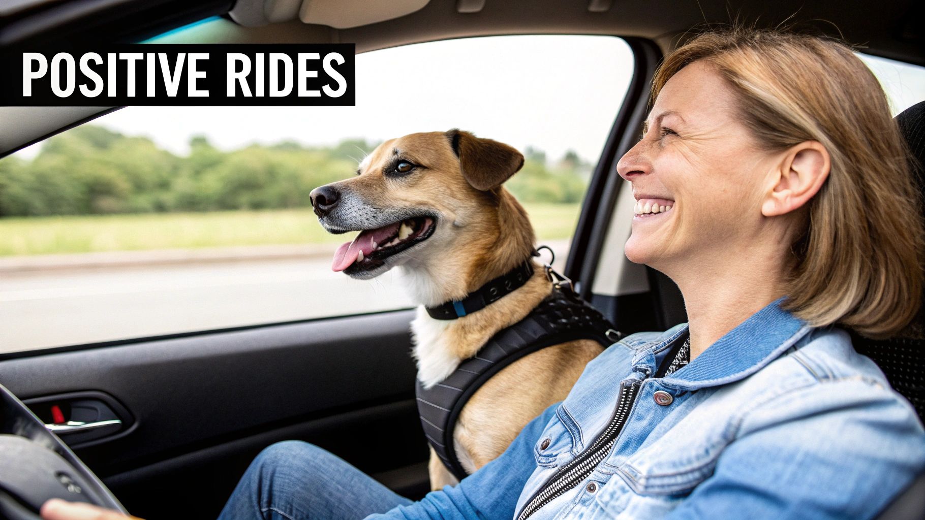 A happy dog looking out of a car window while safely secured with a seat belt for dogs.