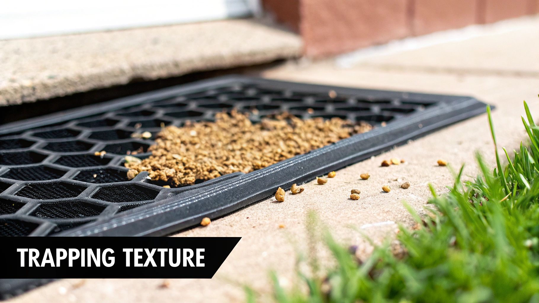 A close-up of a honeycomb-patterned cat litter mat effectively trapping litter granules.