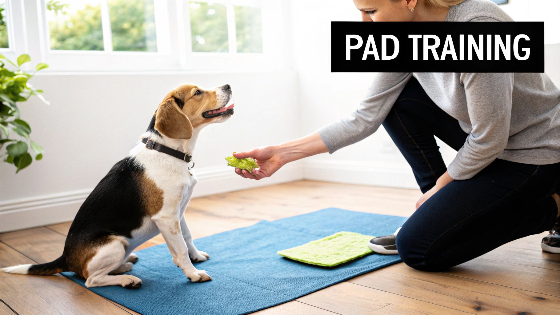 A woman gives a treat to a beagle dog sitting on a blue mat with a green pee pad, showing pad training.