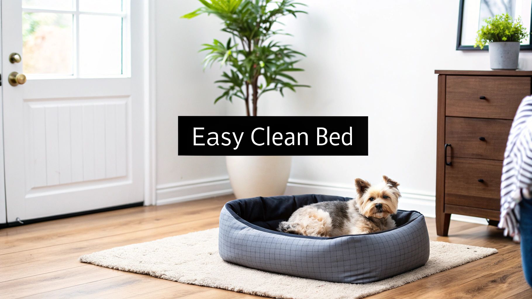 A cute small Yorkshire Terrier dog rests comfortably in a grey pet bed on a cozy rug.