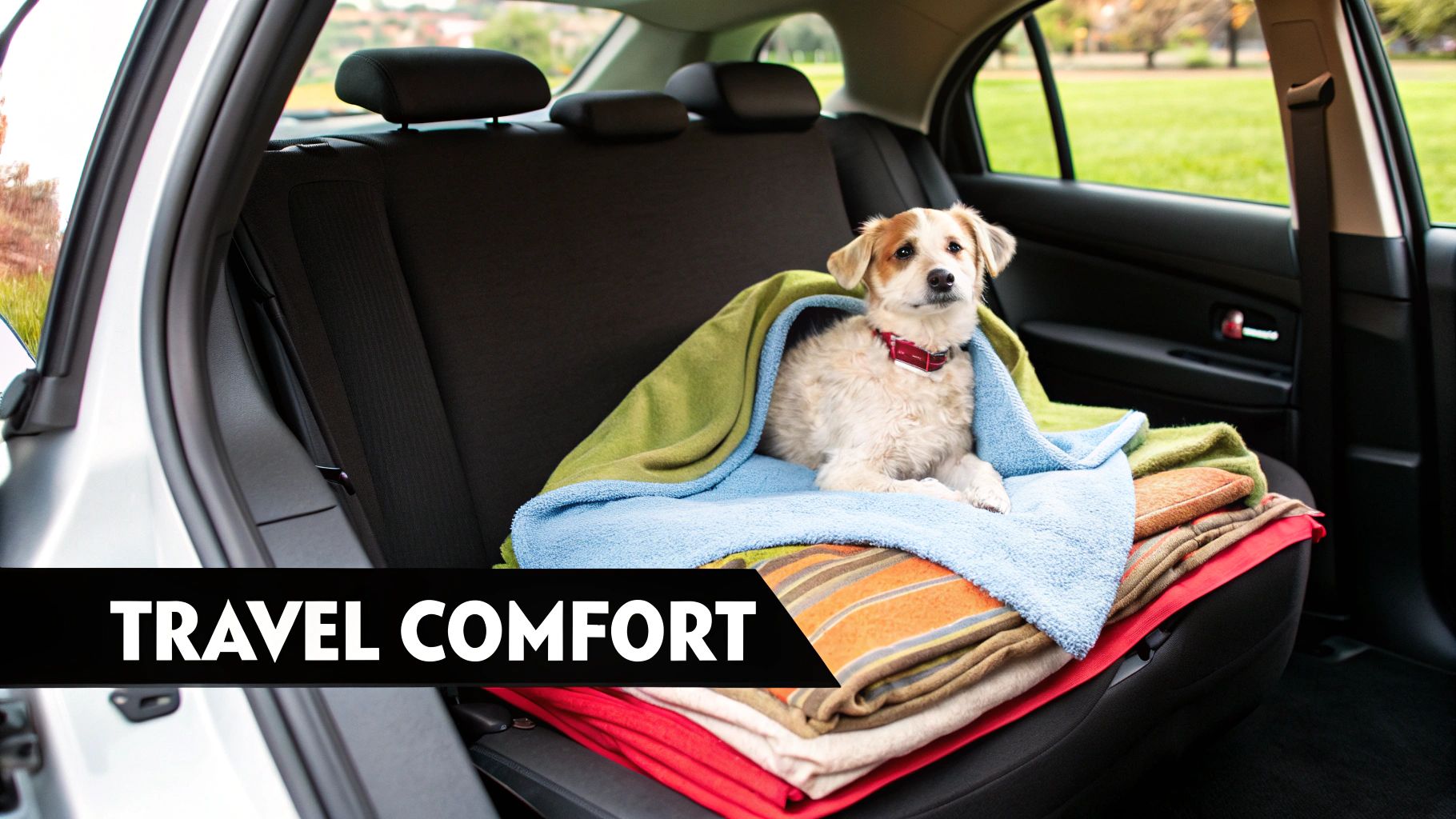 A happy dog sitting comfortably in the back of a car, ready for a trip.