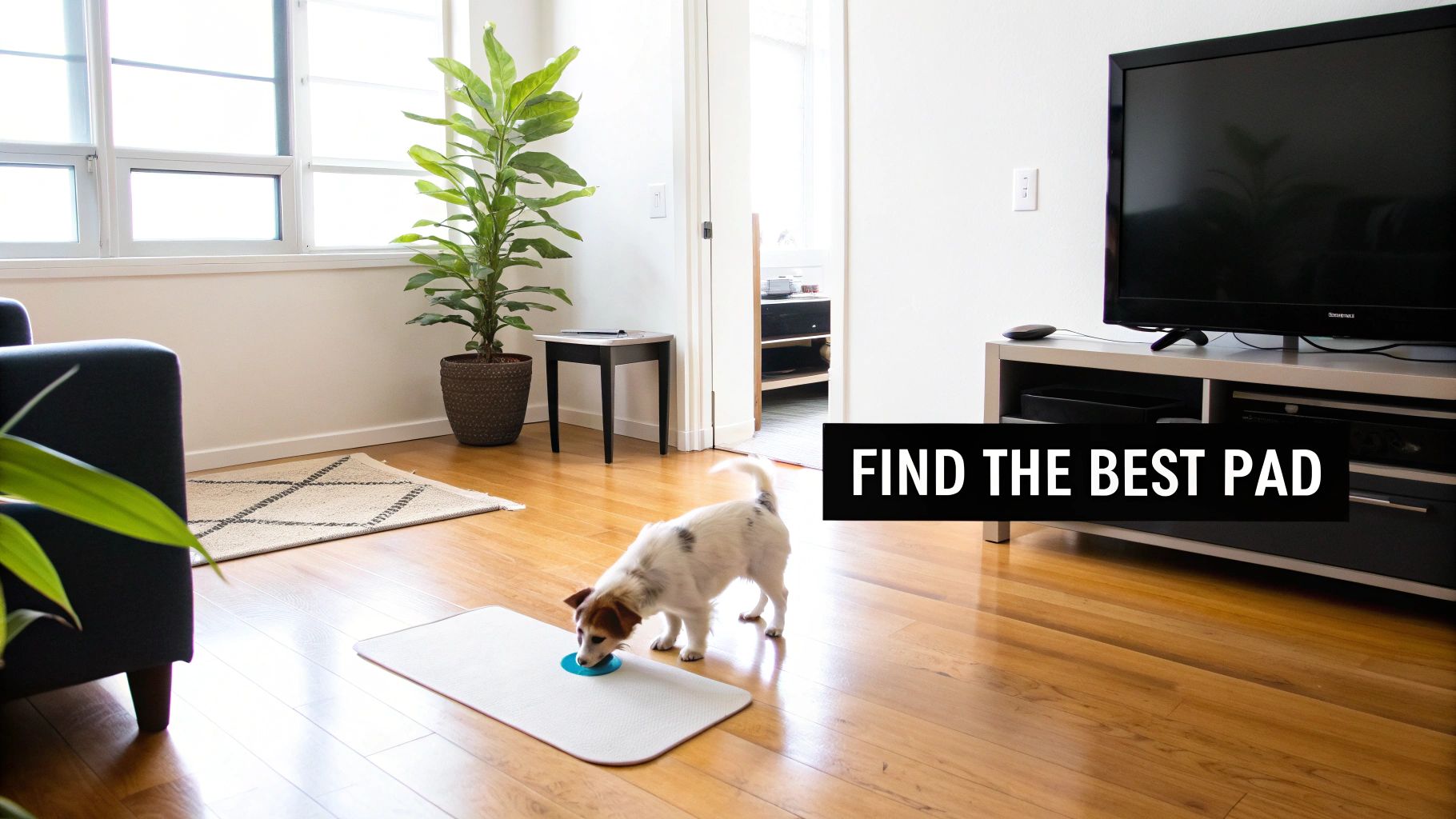 A small white dog with brown patches drinking from a blue bowl on a white pad on a wooden floor.