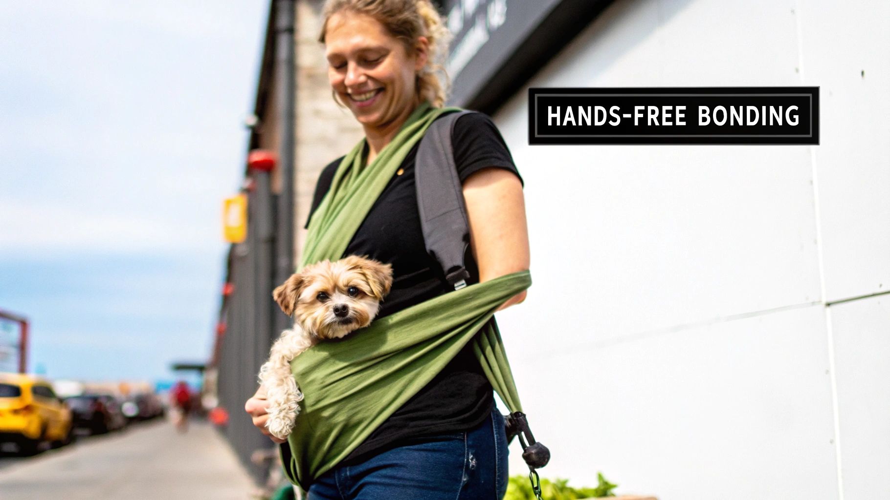 A smiling woman carries a small fluffy dog in a green sling, promoting hands-free bonding.